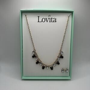 Lovita&Co. Gold Color Black & Clear Gem Statement Necklace&Clear Gem Earring Set
